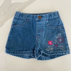 Girls' Blue Denim Shorts with Pink Floral Embroidery